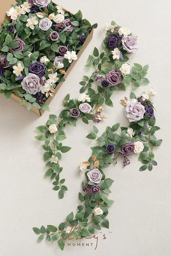 Ling's Moment 10pcs Wedding Chair Decorations Aisle Floral Swag Artificial Pew Flowers Hanging Garland Lilac Purple Gold for Ceremony Reception Church Rose Floral Faux Arrangement Party Outdoor Decor