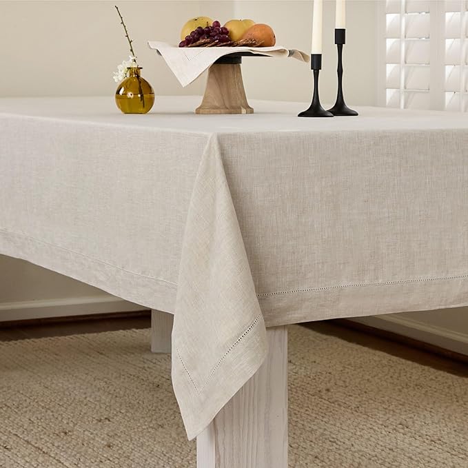 Solino Home Linen Tablecloth 60 x 156 Inch - Classic Hemstitch 100% Pure Linen Light Natural Table Cloth for Rectangle Tables - Machine Washable Tablecloth for Fall, Autumn, Thanksgiving