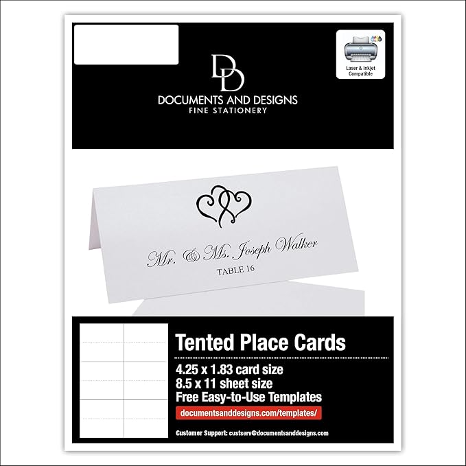 Linked Hearts Printable Place Cards, Black (Choose Color), Set of 150 (25 Sheets), Laser & Inkjet Printers - Wedding, Party, Dinner, and Special Events - Made in the USA