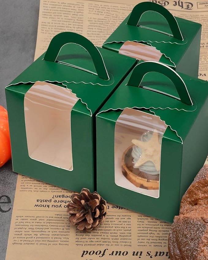 Cupcake Carriers Deep Green Cardboard Boxes with Inserts, 50 Pack