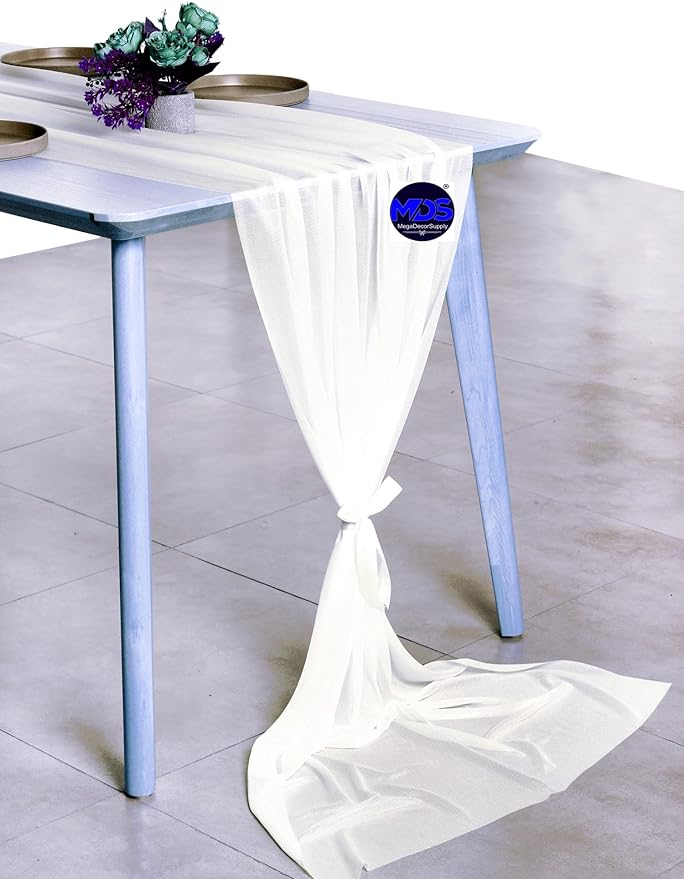 MDS Halloween Chiffon Table Runner - 20 Pack, 29 x 170 Inches, 14ft Each - Sheer Spooky Table Runners for Haunted House Parties, Trick-or-Treat Tables, Witchy Décor, Wedding & Events - Ivory