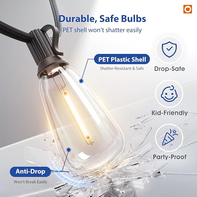 String Lights, 200 FT Warm Yellow LED, 64 Shatterproof Bulbs, IP65 Waterproof