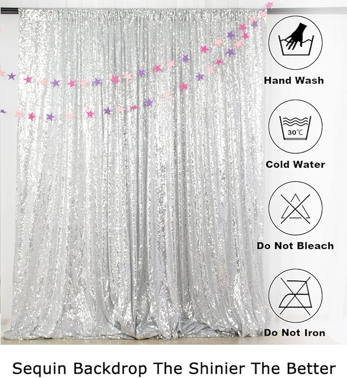 Sequin Backdrop Curtain - Silver, 10 ft x 10 ft, Rod Pocket Design