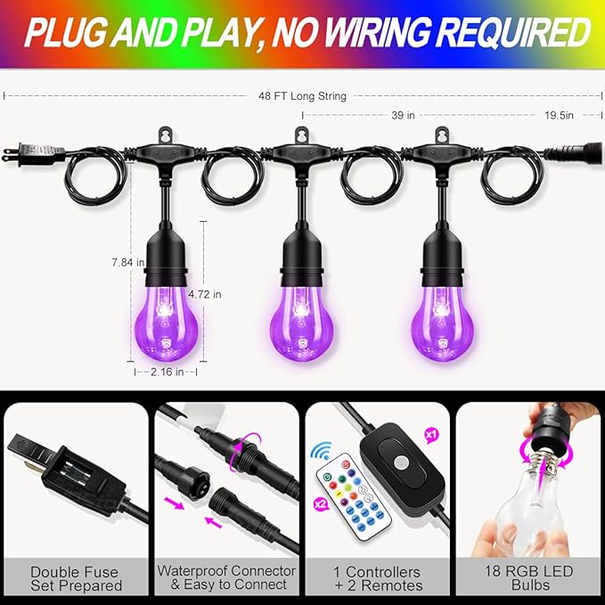 String Lights, 48 Ft Outdoor RGB LED with Remote and Shatterproof Bulbs