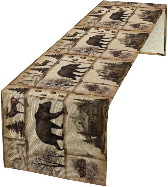Rustic Cabin Table Runner, Retro Moose Cone Deer Bear Farmhouse Lodge Table Runner for Dinner Living Room Kitchen Vintage Country Cottage 13x60 Inch