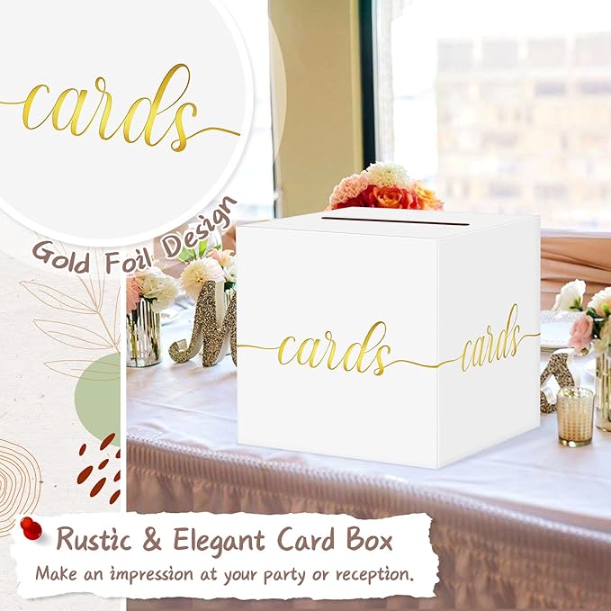 QIKSION White Wedding Card Box, Gold Foil Gift Card Box for Party, Wedding Reception, Birthday, Graduation, Baby Shower, Raffle