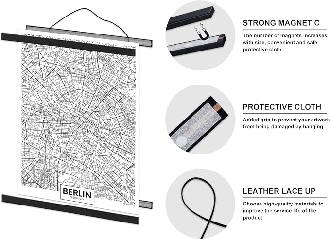 Magnetic Poster Hanger, 39x27 39 x 13 39x23 Poster Frame Wood Wooden Magnet Print Posters Dowel Scroll Hanger Hangers Hanging Kit for Walls Map Canvas Artwork (Black, 39")