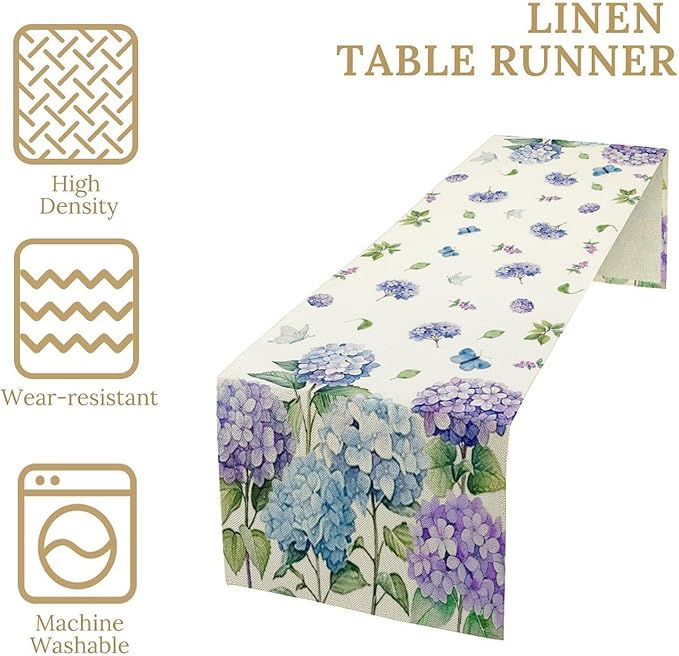Spring Hydrangea Flower Table Runner, Seasonal Summer Plants Watercolor Florals Butterfly Dinner Runner for Home Kitchen Dining Table Party Holiday Decoration 13"x36"