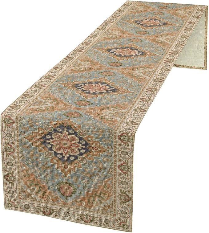 Vintage Boho Floral Table Runner, Rustic Country Farmhouse Grey Blue Orange Bohemia Flower Pattern for Home Kitchen Table Decor Dining Coffee Room Party Decor 13x72in