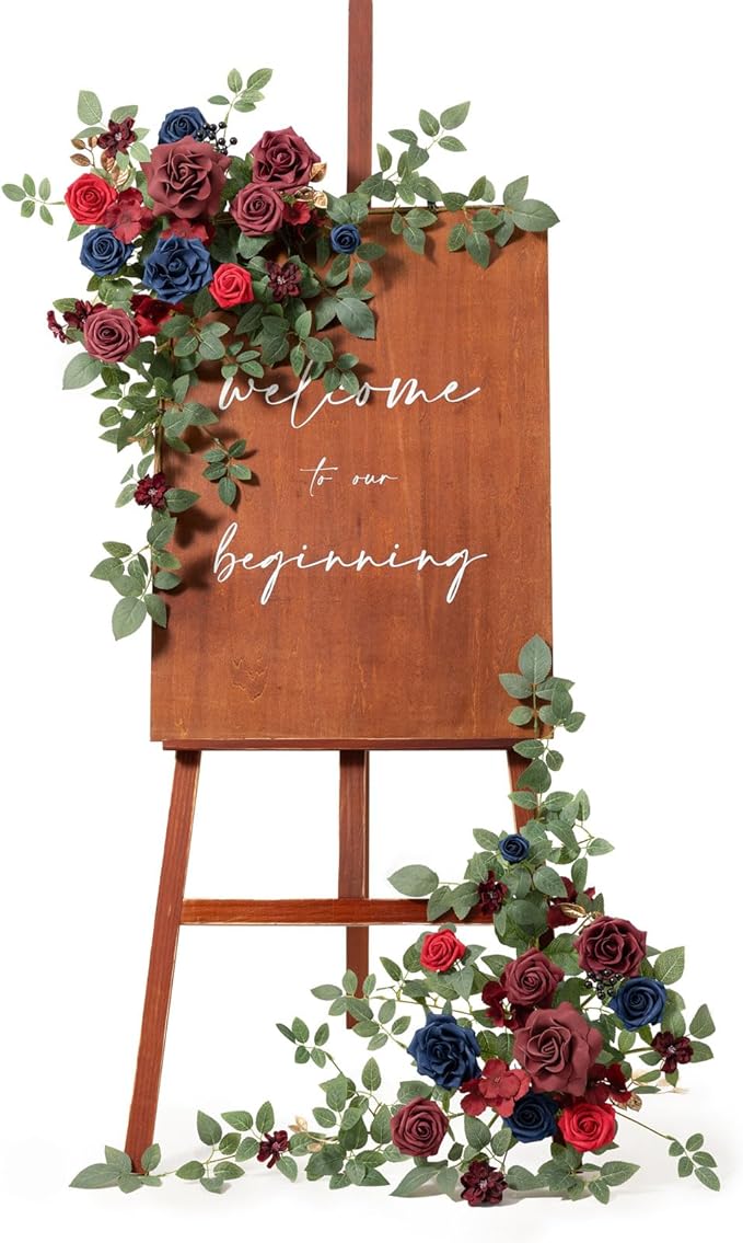 Artificial Floral Swag Set of 2 for Welcome Sign, Burgundy and Navy Blue