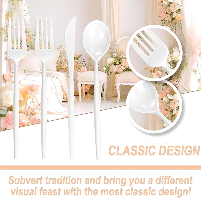 Disposable Plastic Cutlery Set, 360 Pieces, White, Heavy Duty