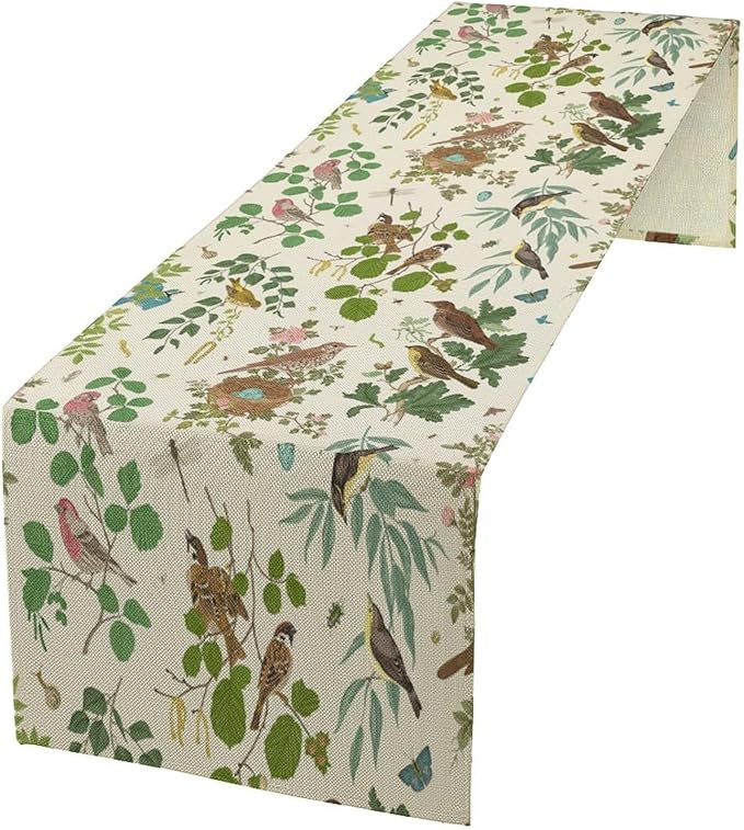 Vintage Bird Flower Table Runner Seasonal Spring Summer Garden Plants Farmhouse Country Kitchen Dining Table Decoration for Home Party Holiday 13"x70"