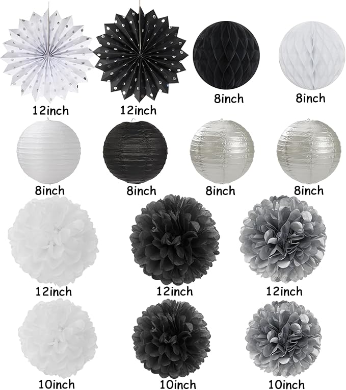 Black-White Silver Party-Decorations Paper-Lanterns - 14pcs New Years Streamers Fan,Tissue Pom Poms,Graduation Men Boys Birthday Wedding Baby Bridal Shower Decor Lasting Surprise