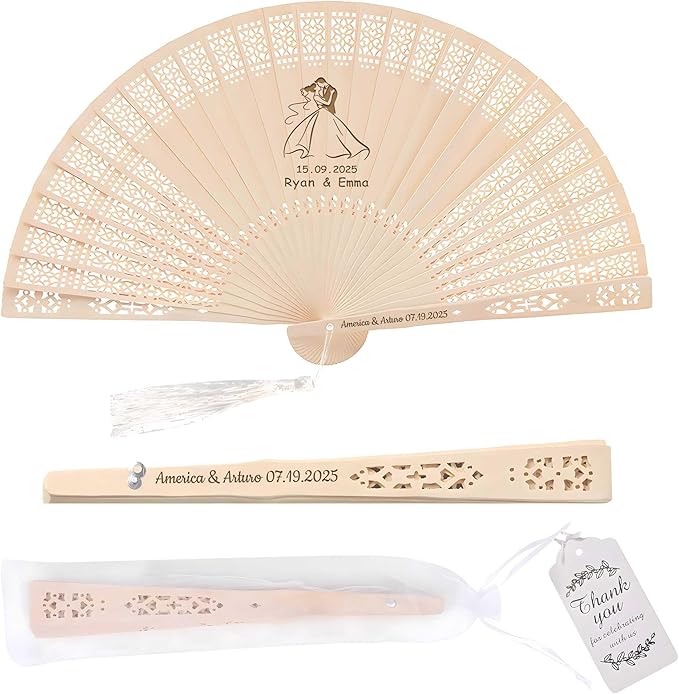 100 PCS Custom Fans Personalized Folding Fans for Line Dancing Wooden Hand Fan Wedding Favors Bulk Fans for Guests Party Event Use (Style08)