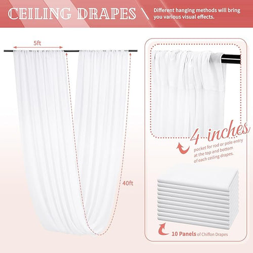 10 Panels White Ceiling Drapes for Wedding 5ftx40ft Sheer Drapery Chiffon Fabric Arch Draping Curtains for Party Ceremony Birthday Baby Shower Reception Stage Ceiling Decorations