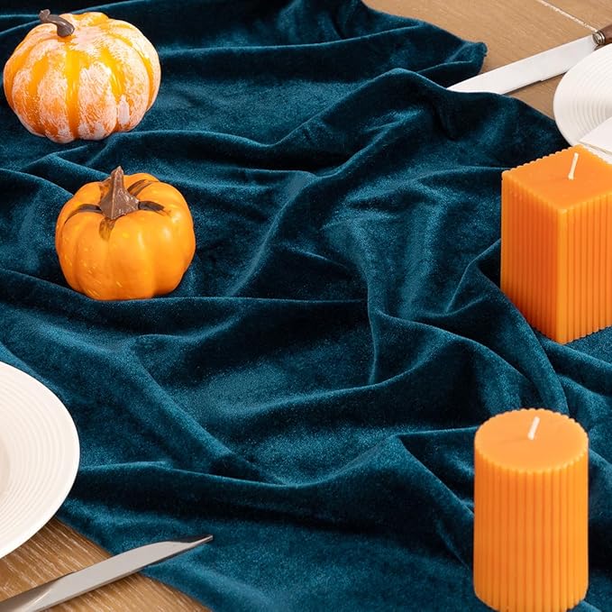 Peacock Green Velvet Table Runner Fall Thanksgiving Turquoise Table Runner 20 x 120 Inch Luxurious Elegant Velvet Fabric Table Decorations for Christmas Dinner Wedding Bridal Baby Shower