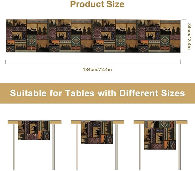 Rustic Cabin Bear Aztec Table Runner, Retro Brown Bear Rustic Theme Geometry Decoration for Home Dinner Party Living Room Bedroom Table Runner 13x36 Inch