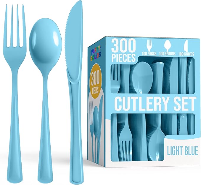 Plastic Spoons, Forks and Knives Set, Light Blue, 300 Pieces