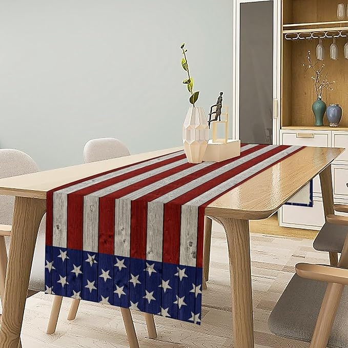 American Flag Table Runner, 4th of July USA Rustic Vintage Wooden Blue Red Stars Stripes Print Table Runner for Farmhouse Kitchen Dining Table Decor, 13x60inch