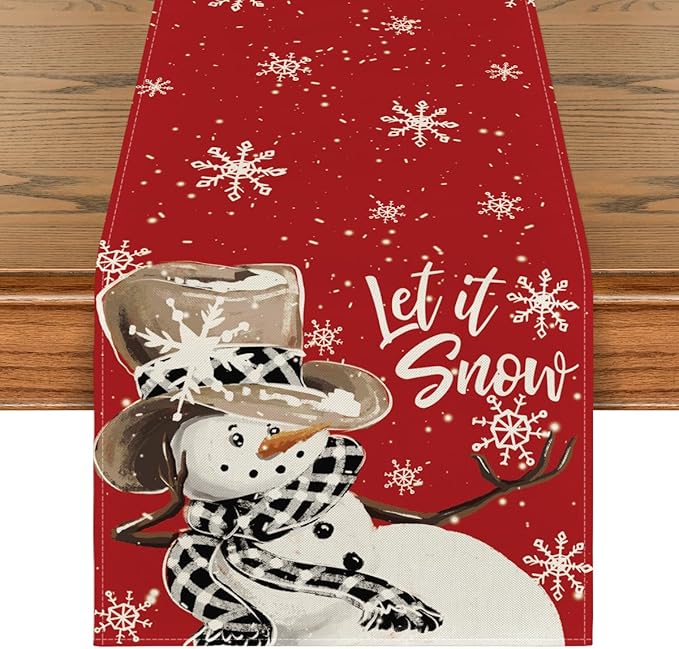 Artoid Mode Red Snowman Snowflake Let it Snow Winter Table Runner, Seasonal Christmas Kitchen Dining Table Decoration for Home Party Decor 13x60 Inch