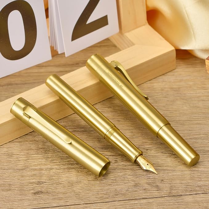Hongdian M2 Mini Brass Fountain Pen with Bent Nib, Sleek Shape Short Pocket Travel Pen (Glossy Brass)