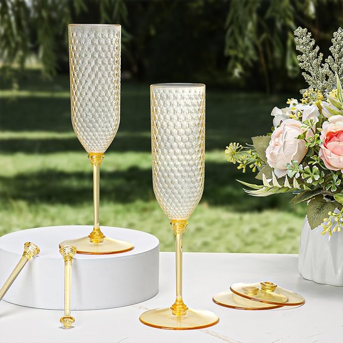 Champagne Glasses, 48 Pack Amber Detachable Plastic Flutes 5.5 Oz