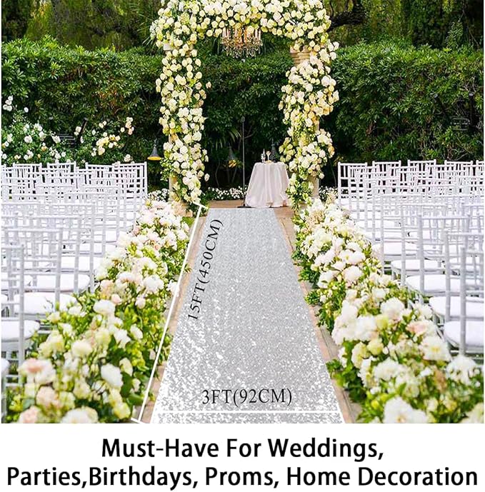 Aisle Runner, Silver Sequin, 3 x 15 Ft for Indoor and Outdoor Weddings