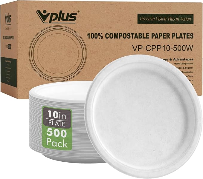 Disposable Paper Plates, 10.25 Inch Sugarcane Bagasse, 500 Count White
