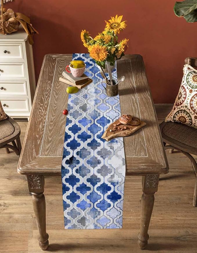 Blue Morocco Plaid Cotton Linen Table Runner for Dining Kitchen, Wedding Outdoor Party Tablerunners Decoration, Distressed Abstract Painted Vintage Dresser Scarf Coffee Tablecloth Runners 13''x120''