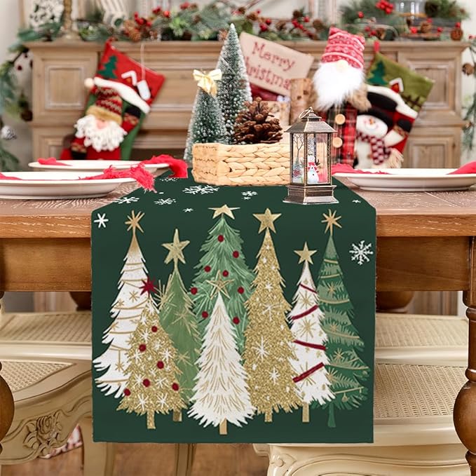 GEEORY Christmas Table Runner 13x60 Inch, Xmas Trees Snowflakes Holiday Decorative Farmhouse Table Decoration for Kitchen Dinning, Indoor Outdoor Dinner Party Decor (Green) GT152-60
