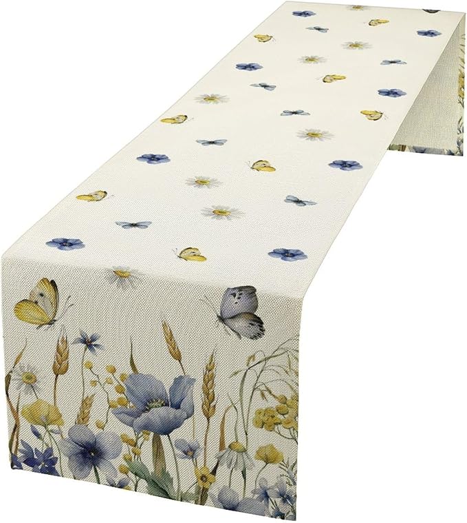 Floral Table Runner, Spring Watercolor Flower Plants Nature Butterfly Table Runner for Kitchen Dinner Living Room Home Party, 13x36 Inch