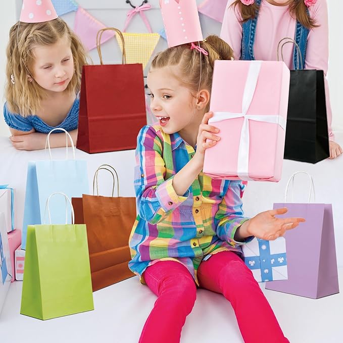 Gift Bags, Green Kraft Paper with Handles, Pack of 100