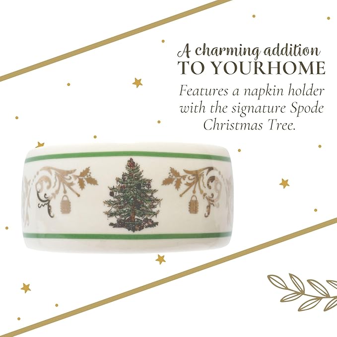Napkin Rings, Set of 4 Porcelain Christmas Tree Design with Gold Accents