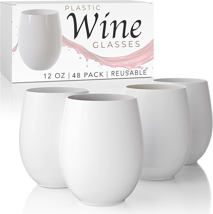 Wine Glasses 48 Count, 12 oz Stemless Plastic, Unbreakable