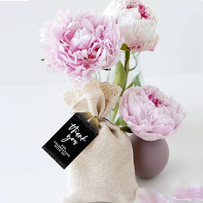 Andaz Press 100-Pack Thank You for Celebrating with Us Favor Tags Gold Glitter with Black Cardstock Gift Tags with Bakers Twine for Wedding Baby Shower Bridal Shower Party Favors 2 x 3.75-Inches
