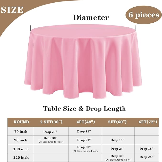 Tablecloths 6 Pack, 120-Inch Round Pink Polyester, Stain Resistant