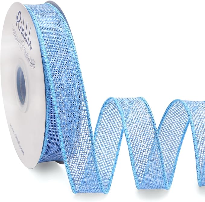 Ribbli Baby Blue Burlap Wired Ribbon, 1 Inch x Continuous 20 Yard, Wired Edge Ribbon for Wreaths,Big Bows,Tree Decoration,Outdoor Decoration