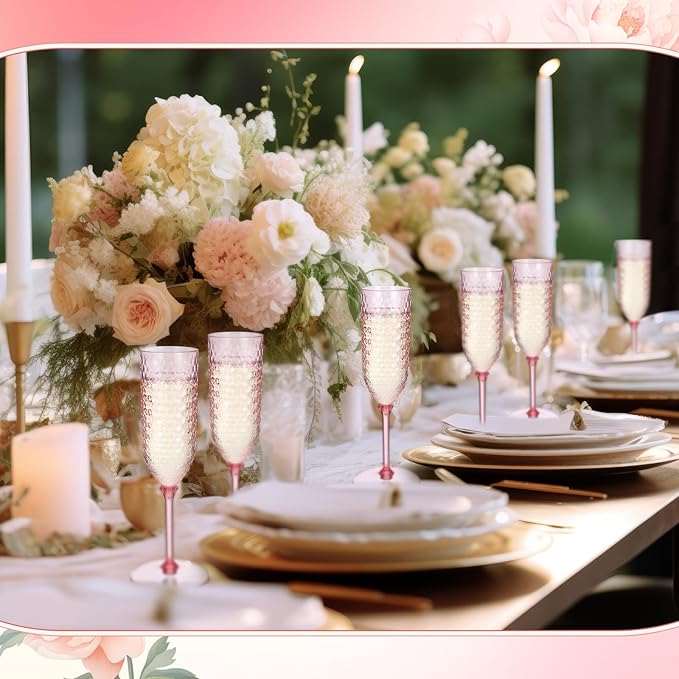 Champagne Glasses 48 Pack Pink Plastic Flutes 5.5 oz Detachable Stems