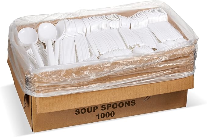 White Plastic Disposable Soup Spoons, 1,000 Count, Medium Weight