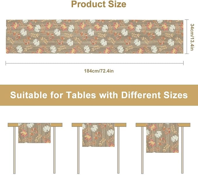 Autumn Table Runner,Pumpkins Maple Leaves Wood Fall r Seasonal Table Runner Kitchen Dining Table Decoration for Home Party Decor 13x36 Inch
