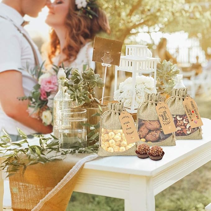 Gift Bags, 50 Count, 4 x 6 Inch Burlap and Organza Drawstring Pouches