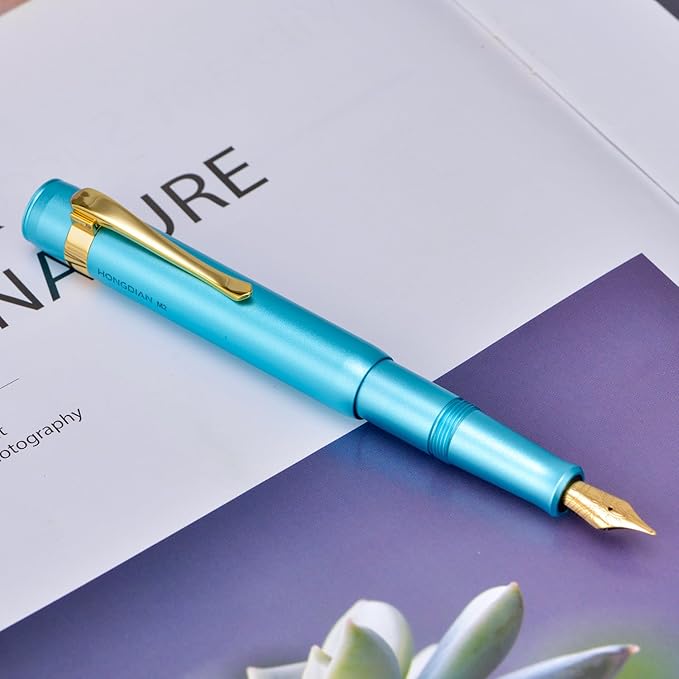 HONG DIAN M2 Black Forest Mini Fountain Pen, Long Blade Nib & Sleek Shape Aluminium Short Pocket Travel Pen (Lake Blue)