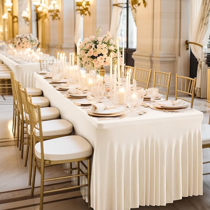 Wish Care 2 Pack Stretch Spandex Table Clothes for 8 Foot Rectangle Tables, 8FT Wrinkle Free Fitted Tablecloths Ruffles Design Table Cover for Party, Banquet, Wedding and Events