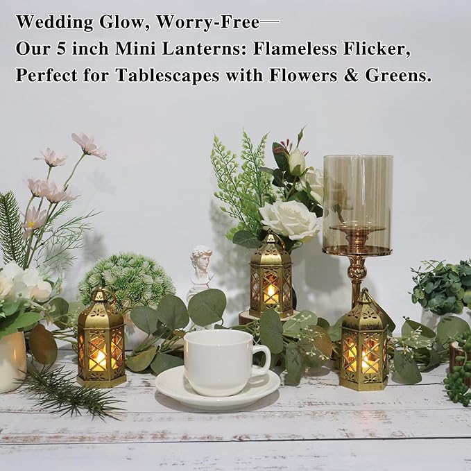 Decorative Candle Lanterns 5 Inch Mini Brushed Brass with Flicker LED