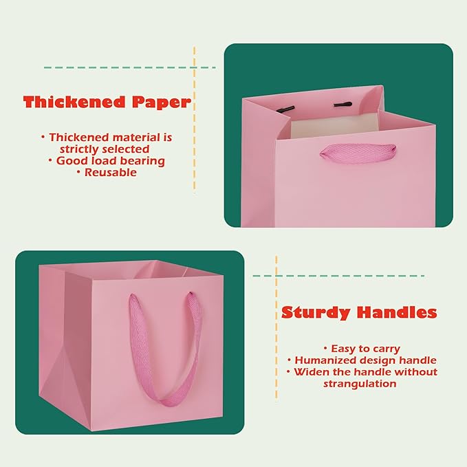 Gift Bags - Pink Square Bottom Paper Bags with Handles, 10 Pack, 10 x 10 Inch