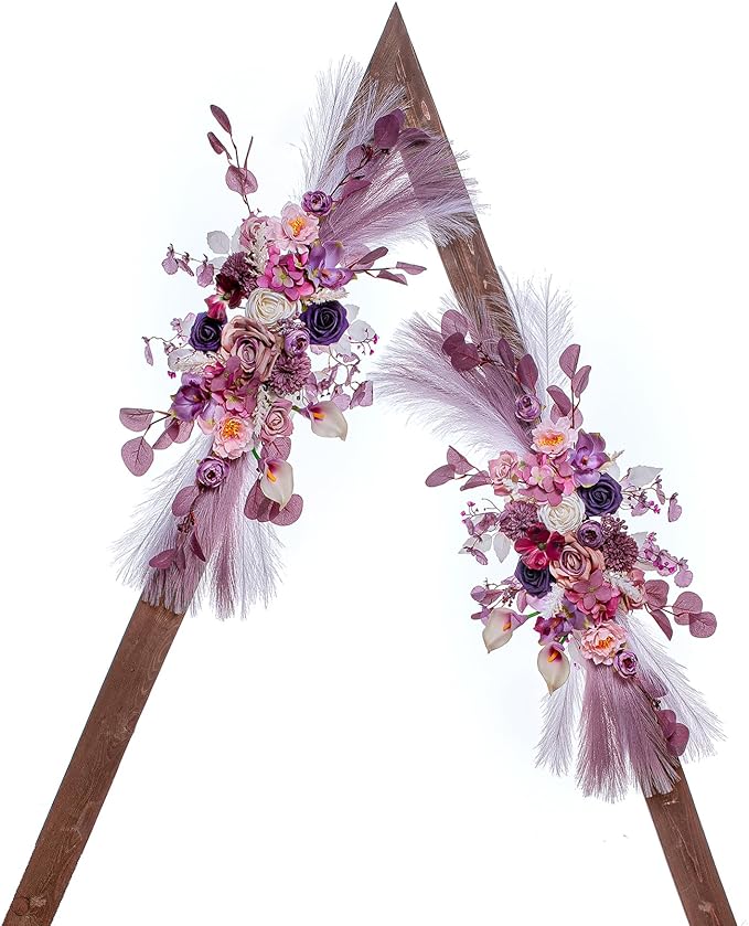Artificial Flowers Wedding Arch Swag, Purple Peony and Pampas Grass, 40 Inch