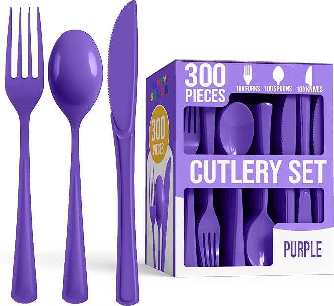 Plastic Cutlery Set 300 Pieces Purple Forks, Spoons and Knives