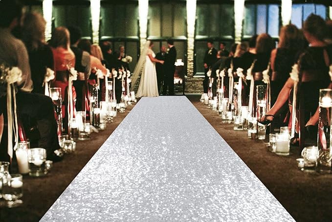 Aisle Runner in Silver Sequin, 4 x 15 Ft Rectangular for Weddings and Parties