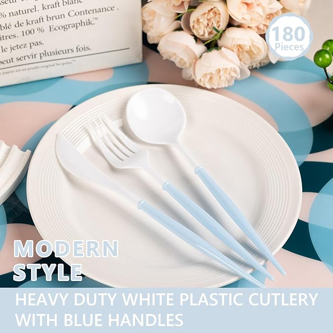 Disposable Spoons, Forks and Knives, 180 Piece White and Blue Set