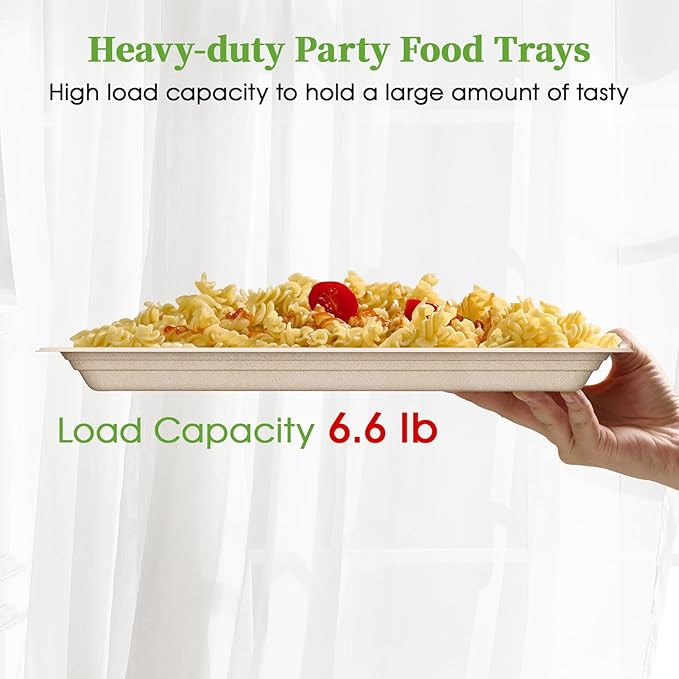 Disposable Compostable Food Trays, 50 Count, 13.8 x 9.8 Inch Rectangular